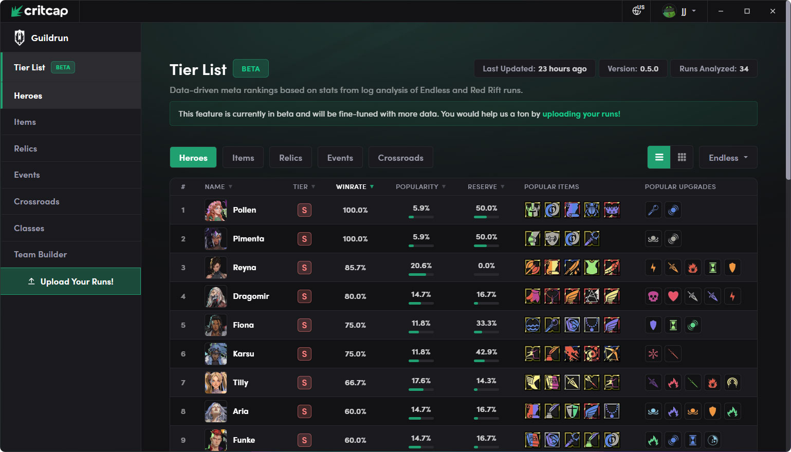 Critcap desktop app window showing the Guildrun tier list